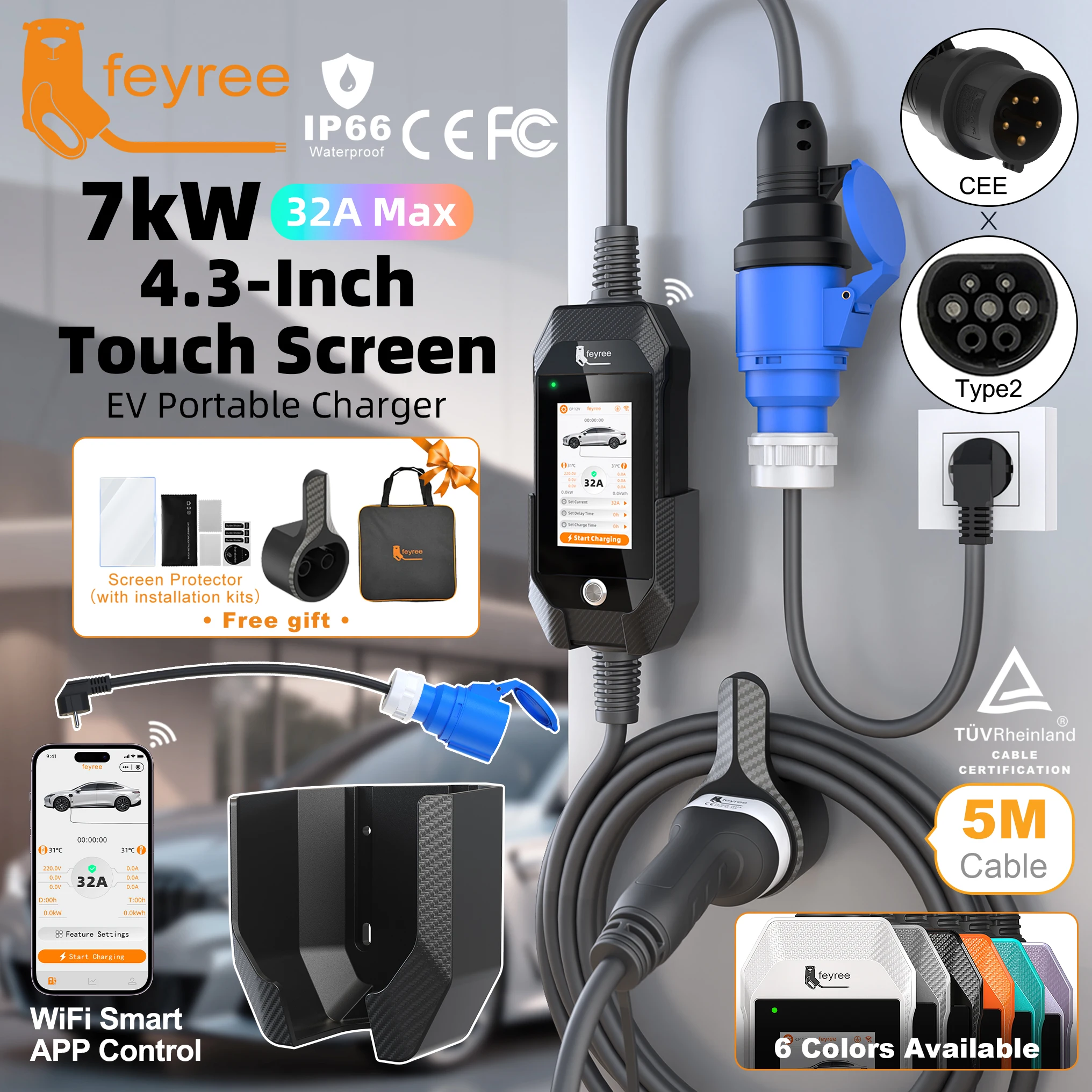 

feyree 4.3 Inch Touch Screen Portable 7kW EV Charger Type2 Charging Plug with Smart Wifi APP AC Home Charger Professional Design