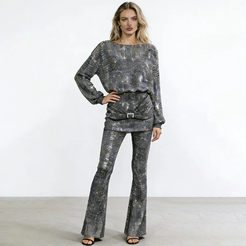 

2026 Trendy Feminine Fashion Set Solid O-Neck Long Sleeve Knitted Top + High Waisted Flare Pants with Belt Retro Y2k Streetwear