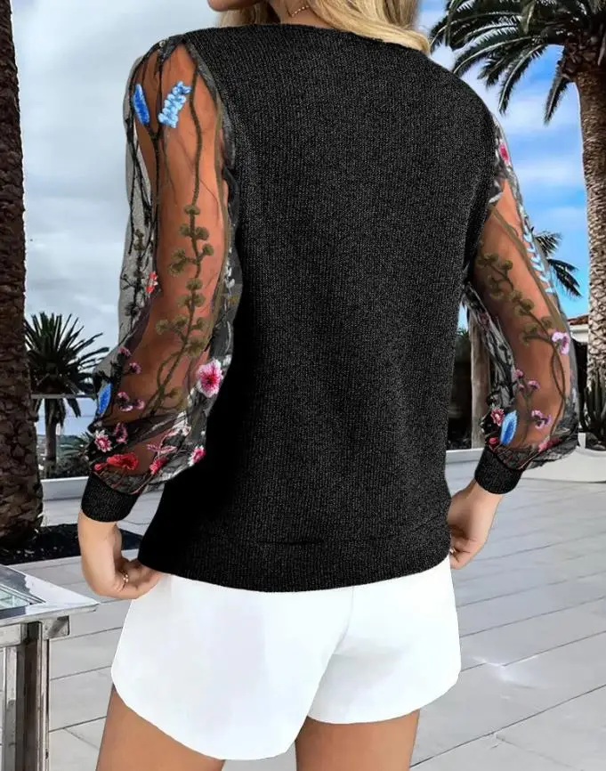 

Blouses Women Temperament Commuting Autumn New Fashion Female Elegant V-Neck Embroidery Mesh Sleeves Ribbed Casual Top