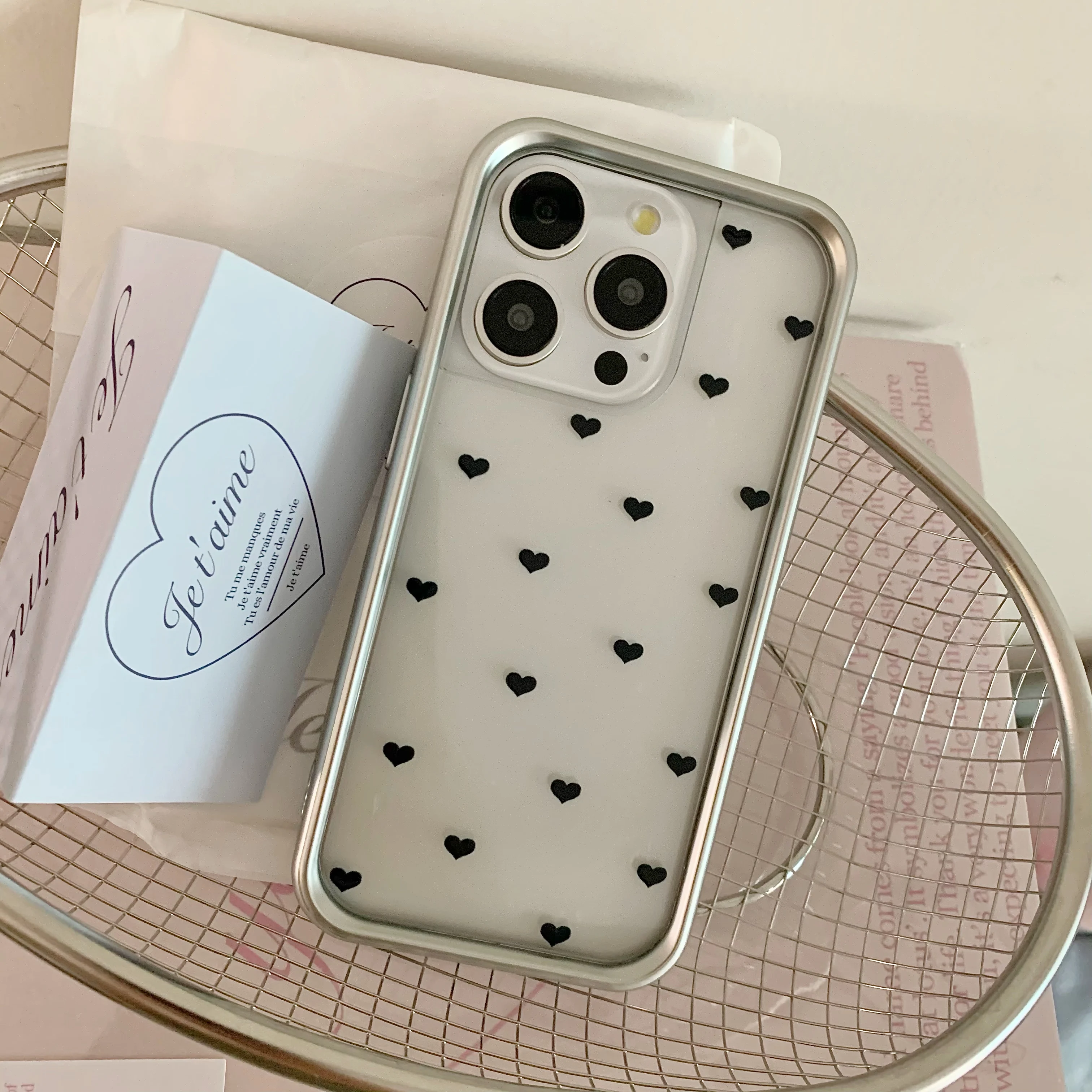 Korean Ins Full Screen Black Love Heart Transparent Electroplated Edge Phone Case for iPhone 15 14 13 Pro Max 12 Pro Back Cover image 2
