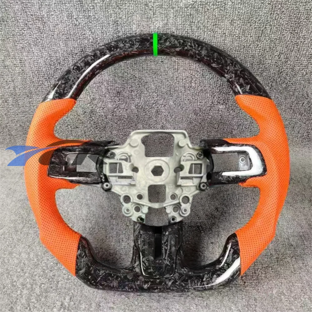 

Customized Forged Carbon Fiber Orange Perforated Leather Steering Wheel For 2018 2019 2020 Ford Mustang