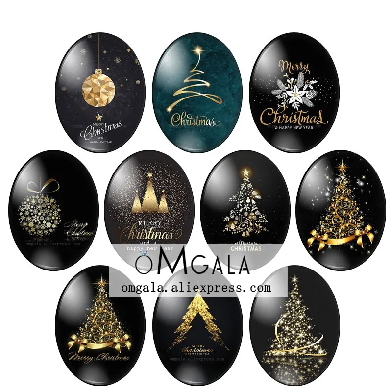 Bling Shiny Christmas Tree Patterns 10pcs 13x18mm/18x25mm/30x40mm Oval photo glass cabochon demo flat back Making findings