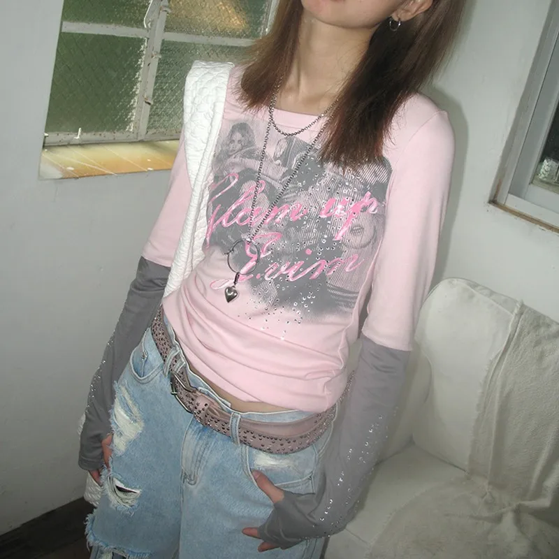 Karrcat Grunge Patchwork T-shirt Y2k Aesthetics Fake Two-piece T Shirt Fairycore Diamond Pink Tops 2000s Harajuku Streetwear