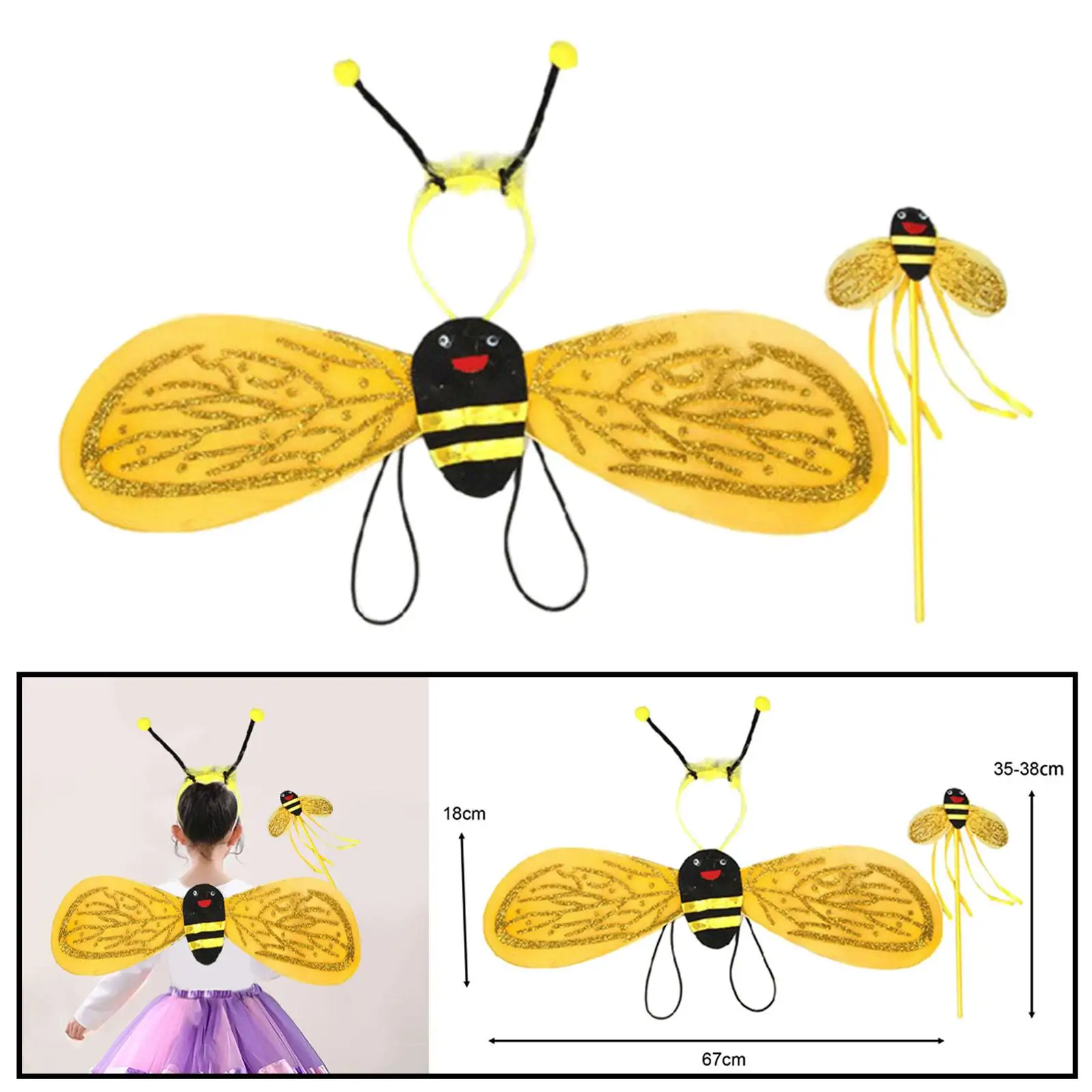 Bumble Bee Costume Kids Girls Wings Headband Fancy Dress Outfit Halloween Bee Cosplay Costume Kits for Pretend Toy Festive Party