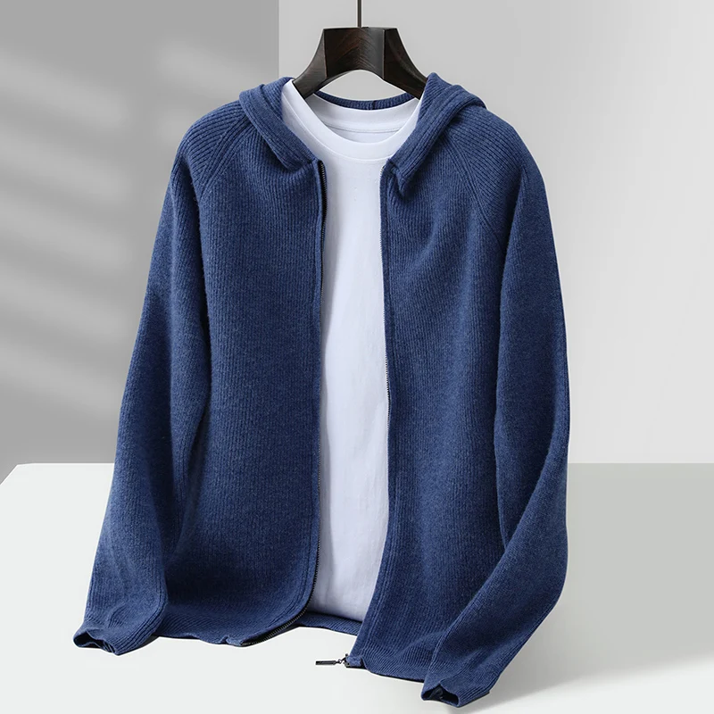 

Autumn Winter Men's Hooded Zippers Cardigan Air Layer Sweater Thick 100% Merino Wool Knitwear Long Sleeve Casual Cashmere Coat