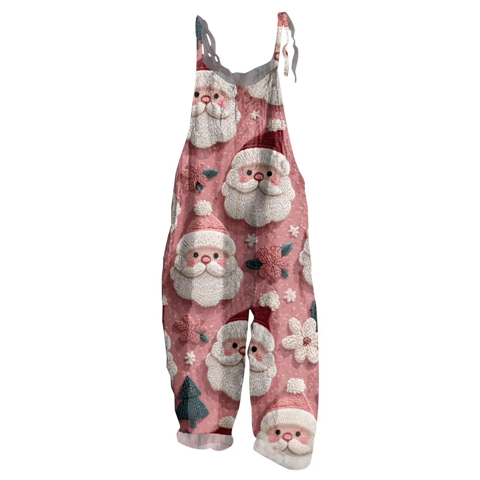 

Adorable Santa Claus Print Jumpsuit Solid Color Wide Leg Long Pants Loose Vintage Bib Trousers Holiday Atmosphere Clothing