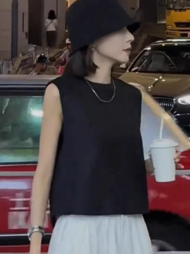 ファッショナブルな通勤用スリムベスト、ゆったりとしたラウンドネック、スプリットデザインのレディーストップス、初秋のカジュアルウェア