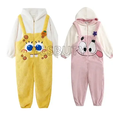 Spongebob Cosplay Kigurumi Onesies Patrick Star Pajamas Women Winter Anime Cartoon Cute Homewear Thickening Set For Adult