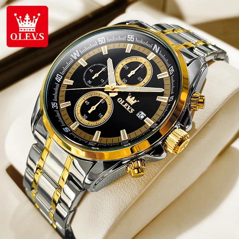 OLEVS TY713 Chronograph Sports Wristwatch for Men Fashion Stainless Steel Waterproof Luminous Auto Date Original Quartz Watches