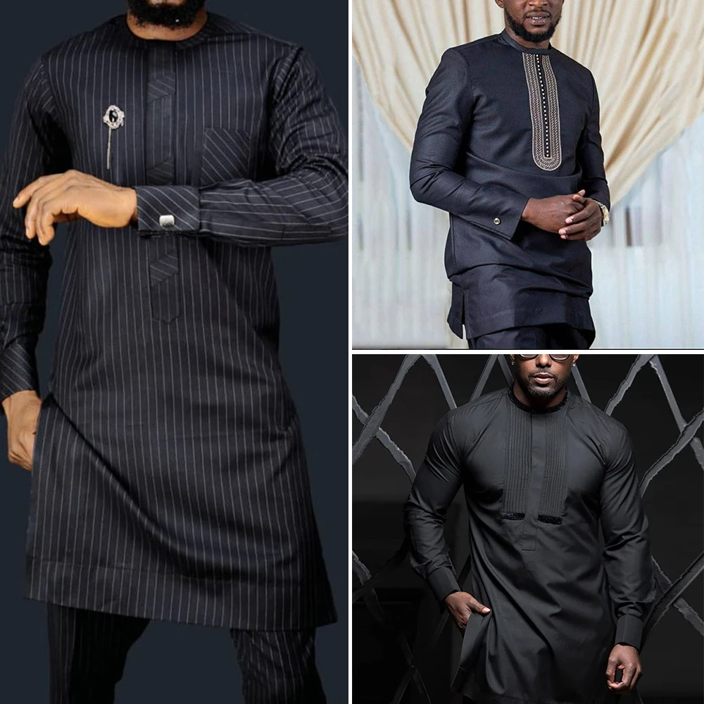 Nieuwe Set Man 2 Stuks Bruiloft Prom Dashiki Mannen Outfit Gestreepte Business Gentleman Lange Mouw Shirt Zwarte Broekpakken Voor Mannen