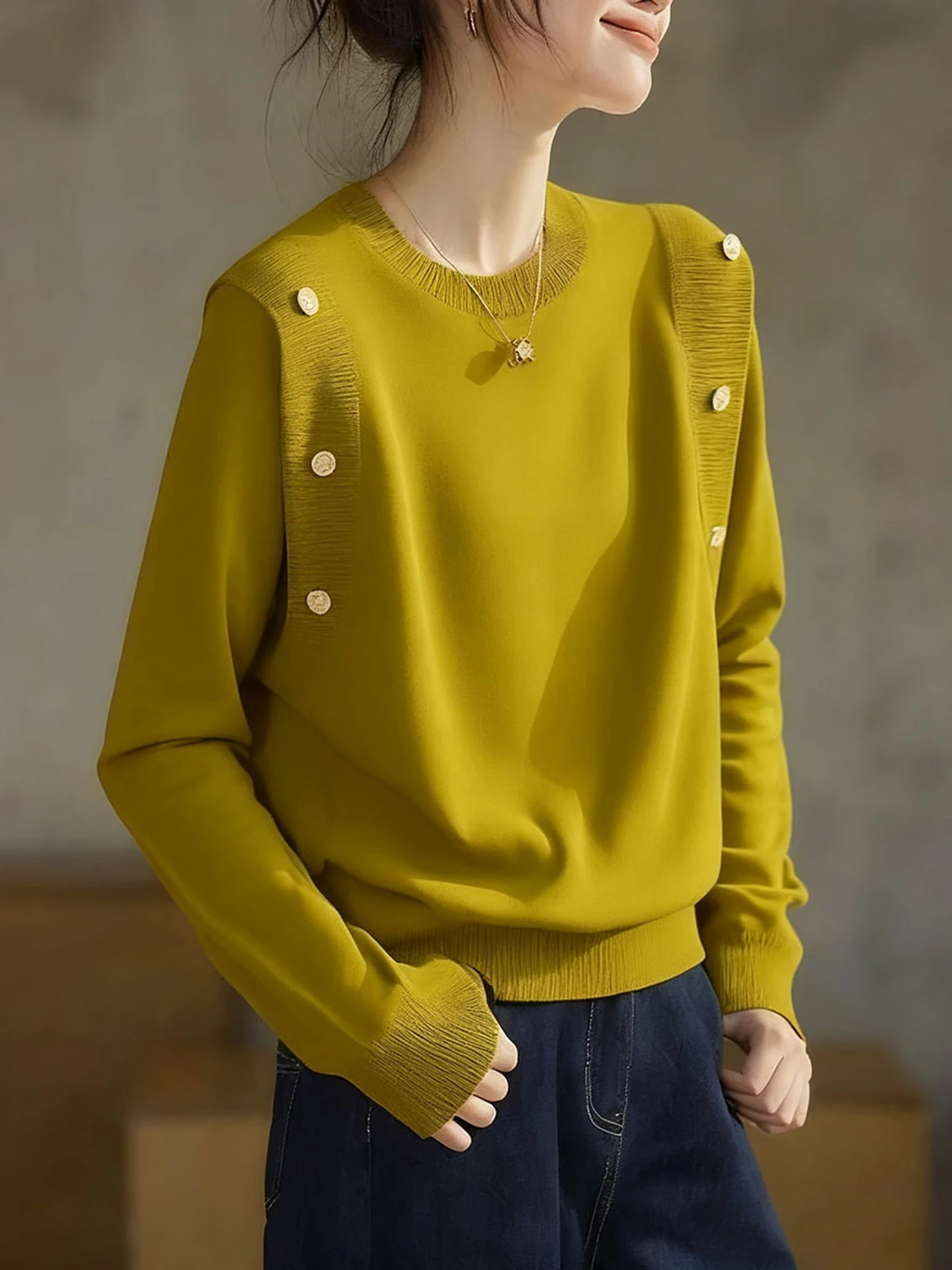 Lässiger gestrickter langer Sve-Pullover mit rundem Ne-Motiv, faionable Winter 2025, Damen-Oberbekleidung, lockere Passform, Farbe, Pendeln