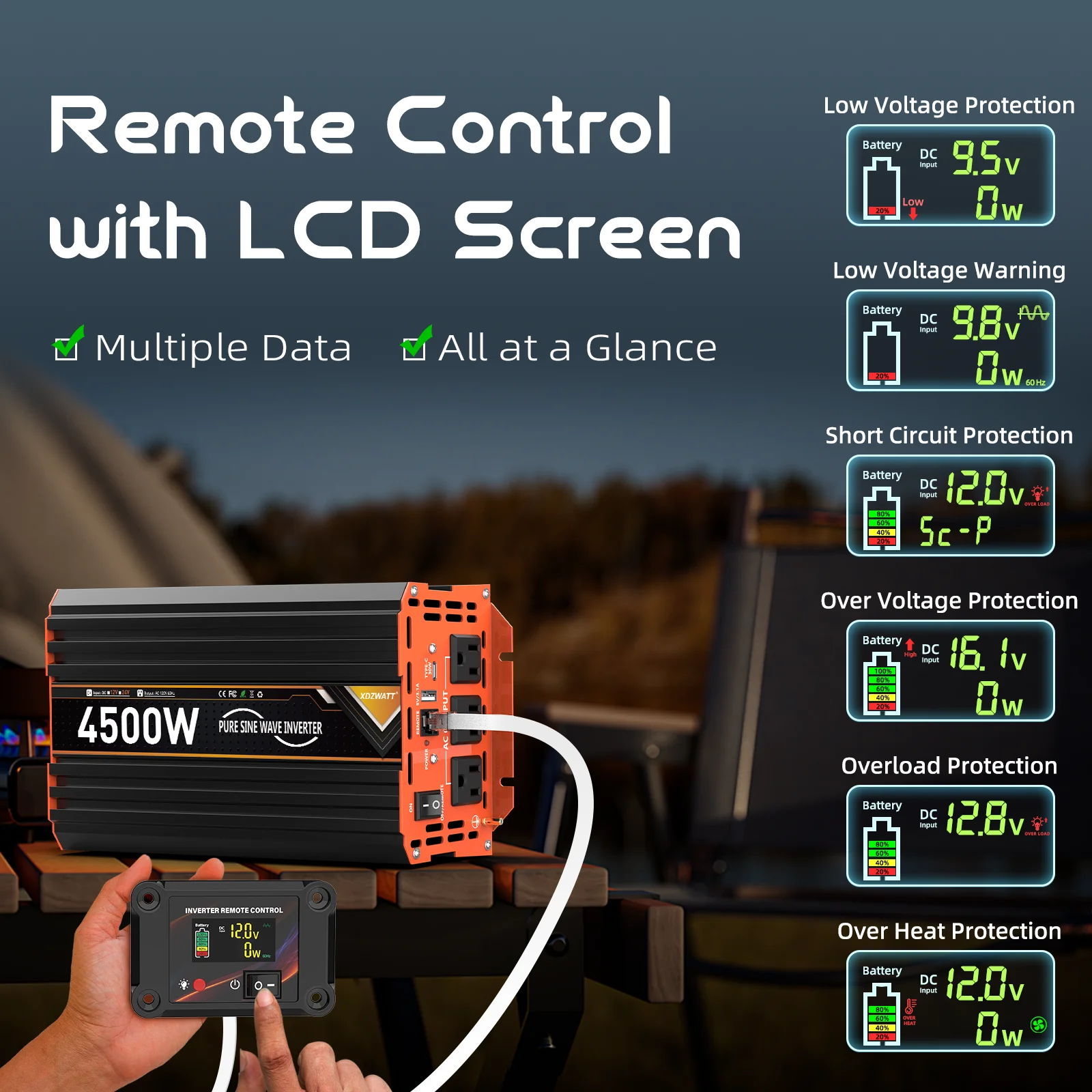 1500 واط 4500 واط الذروة عاكس الطاقة موجة جيبية نقية مع جهاز التحكم عن بعد شاشة الكريستال السائل USB نوع-C حماية متعددة للتخييم RV