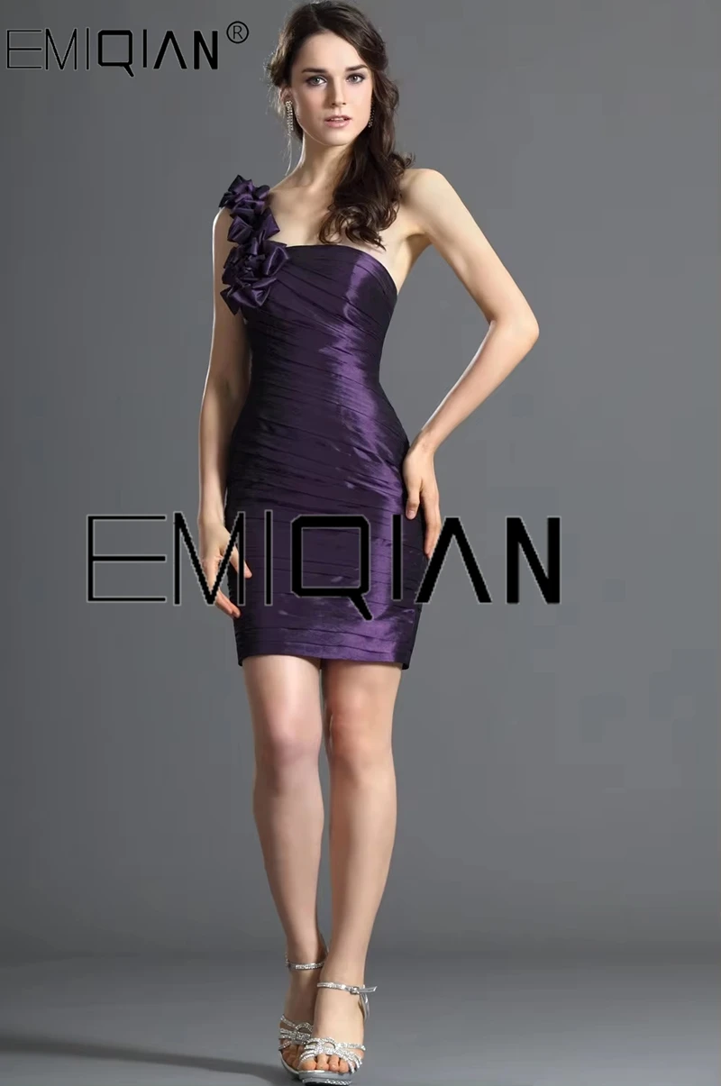 

One Shoulder Sheath Mini Taffeta Bridesmaid Dress Short Wedding Party Dress Flowers Strap Cocktail Dresses