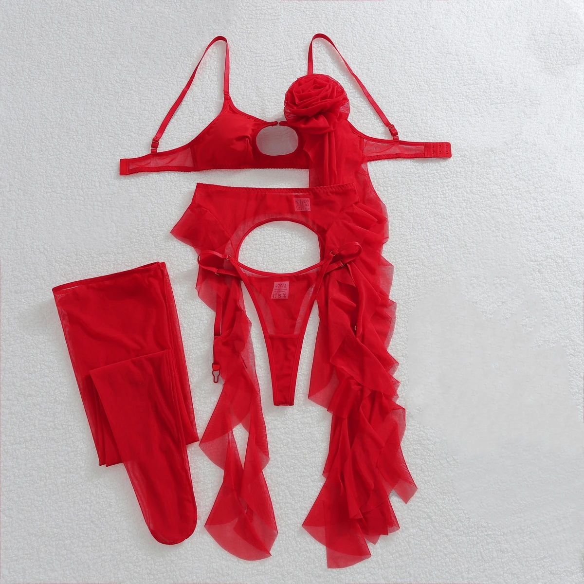 Sexy Red Rose Decoration See Through Mesh Lingerie Set Women's Ruffle Edge Ribbon Shaping Split Set Female Hollow Out Underwear