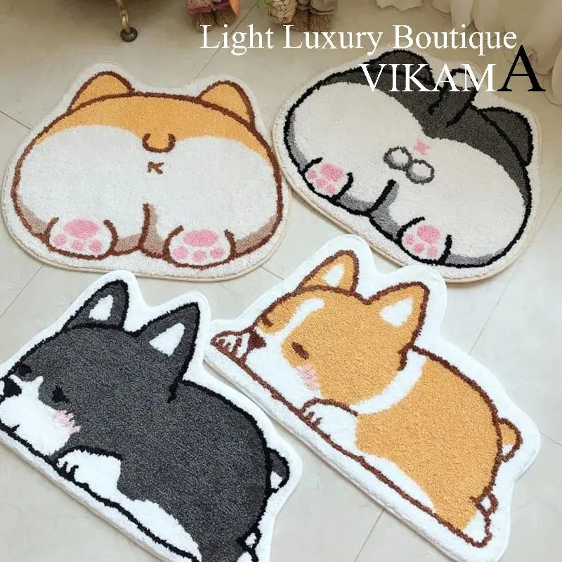 

VIKAMA Cartoon Corgi Carpet Warm Touch Soft Bathroom Floor Mat Absorbent Foot Mat Living Room Bedroom Rug Doormat Home Dec