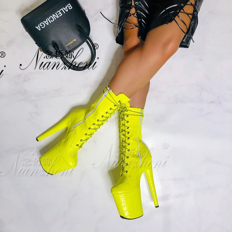Exotic Yellow 8inches High Heels Platform Sexy Fetish Lace Up Stripper Nightclub Motorcycle pole dancing Shoes 20cm Ankle Boots