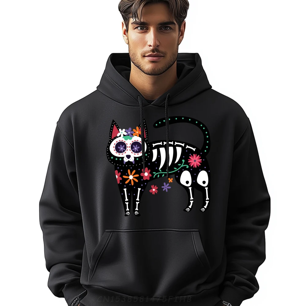 

Sugar Skull Black Cat Day Of Dead Cute Mexican Skeleton Fashion Hoodie Men Graphic Pullover Hoodies