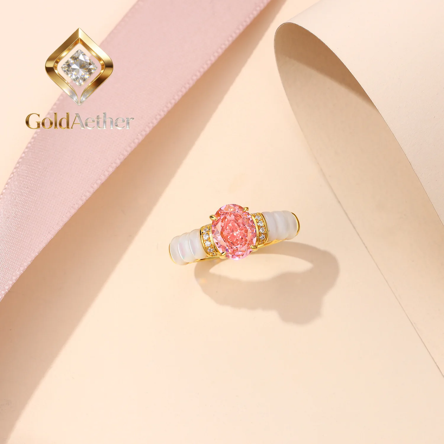 

GoldNouveau Luxury 100% Real 18k Gold Women's White Fritillaria Paraiba Ring Oval Ice Flower Diamond Ring