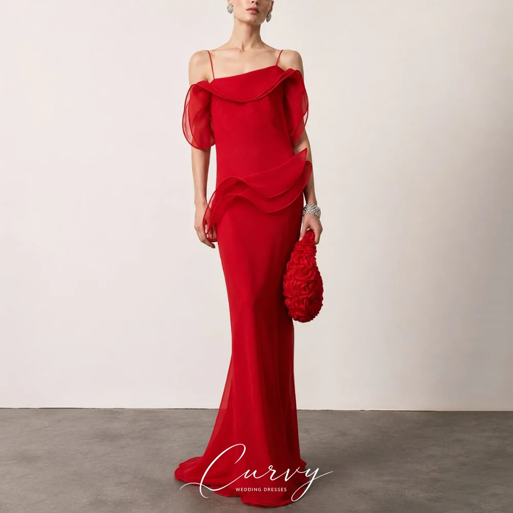 

Curvy Romantic Red Thin Spaghetti Strap Off Shoulder Ruffle Trim Open Back Chiffon Mermaid Prom Dresses for Women Customized