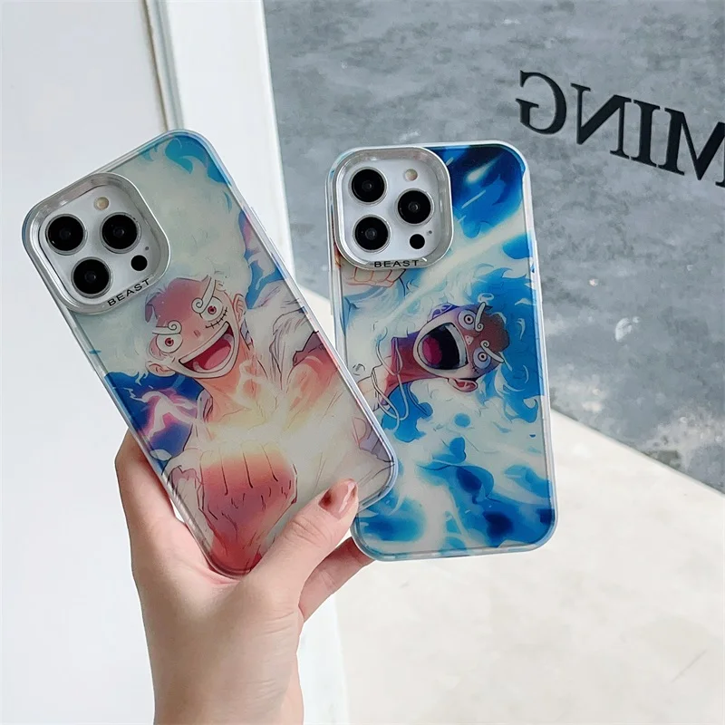 Cute Anime O-One Piece Luffy Aurora Case For iPhone 15 14 13 12 11 Pro Max Plating Lens Shockproof Silicone Bumper Cover Fundas