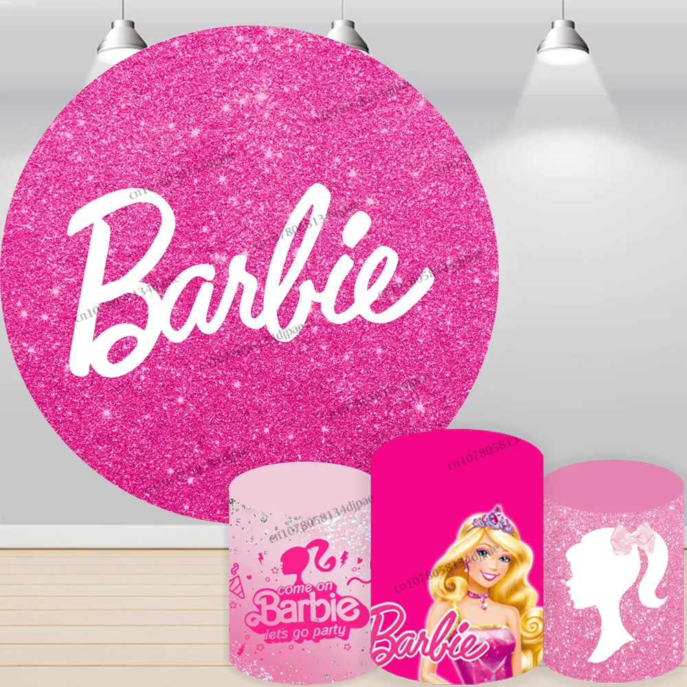 Pink Barbie Round Birthday Backdrops Covers Girls Princess Kids  Party Background Decoration Shiny Photo Cylinder Elastic Banner