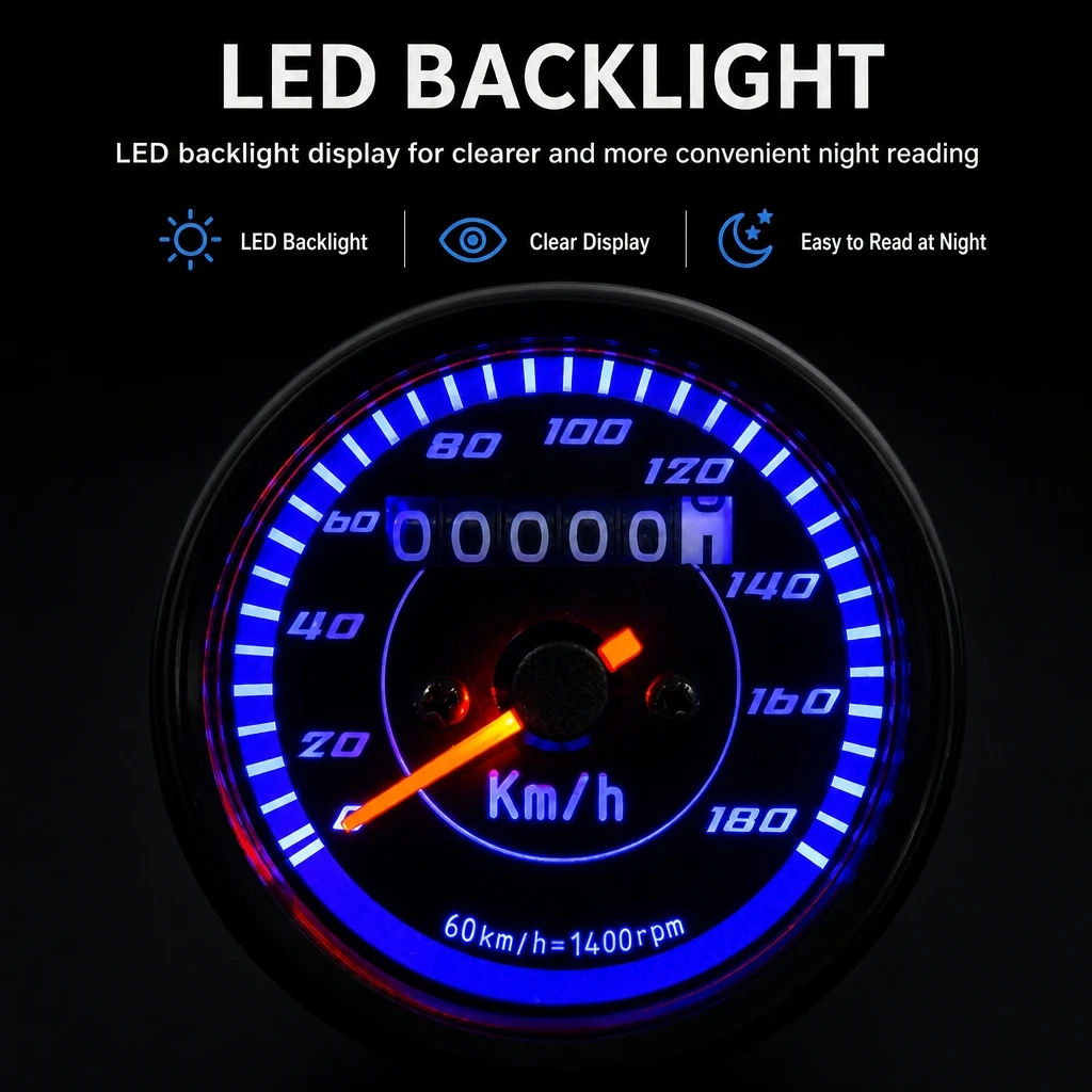 12V Black Motorcycle Retro Mechanical Speedometer Single Odometer LED Backlight 0-180km/h Universal For CG125 Kawasaki Modified