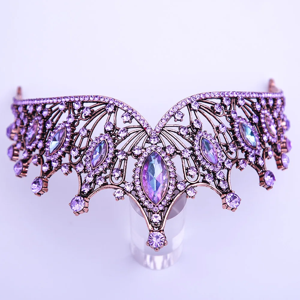 Baroque Luxury Bling Purple Crystal Bridal Tiaras Witch Crowns Women Rhinestone Pageant Diadem Wedding Costume Hair Accessories