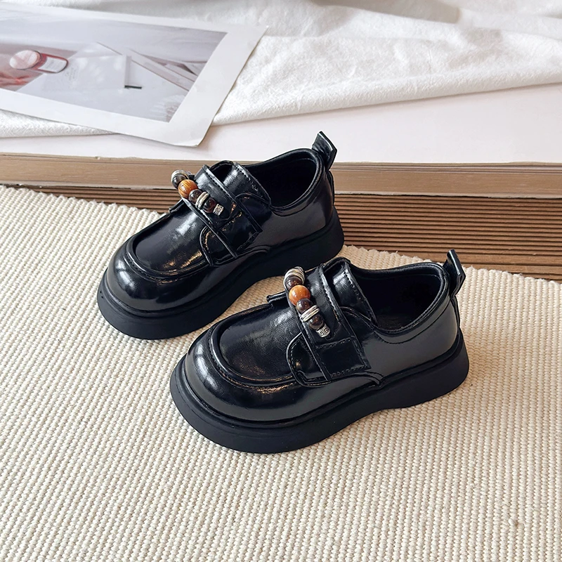 Vintage Children Leather Shoes Beaded Decor Girls Princess Platform Mary Jane Shoes School Uniform Kids Dress Shoes Black Brown