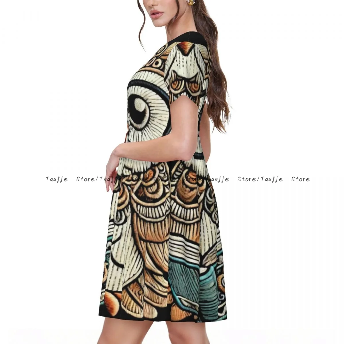 Women Dress Smart Owl Summer Elegant O Neck Short Sleeve Female Casual Loose Long Dress