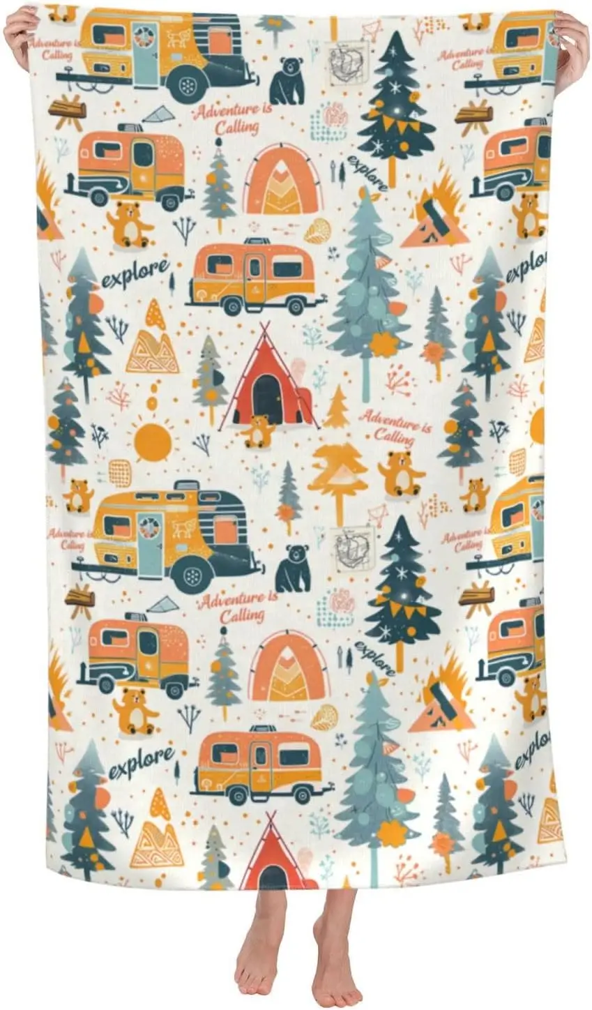 Camping Adventure Beach Towel Microfiber Quick Dry Camper Tent Tree Bath Towels, Soft Lightweight Oversized Sand Free for Travel