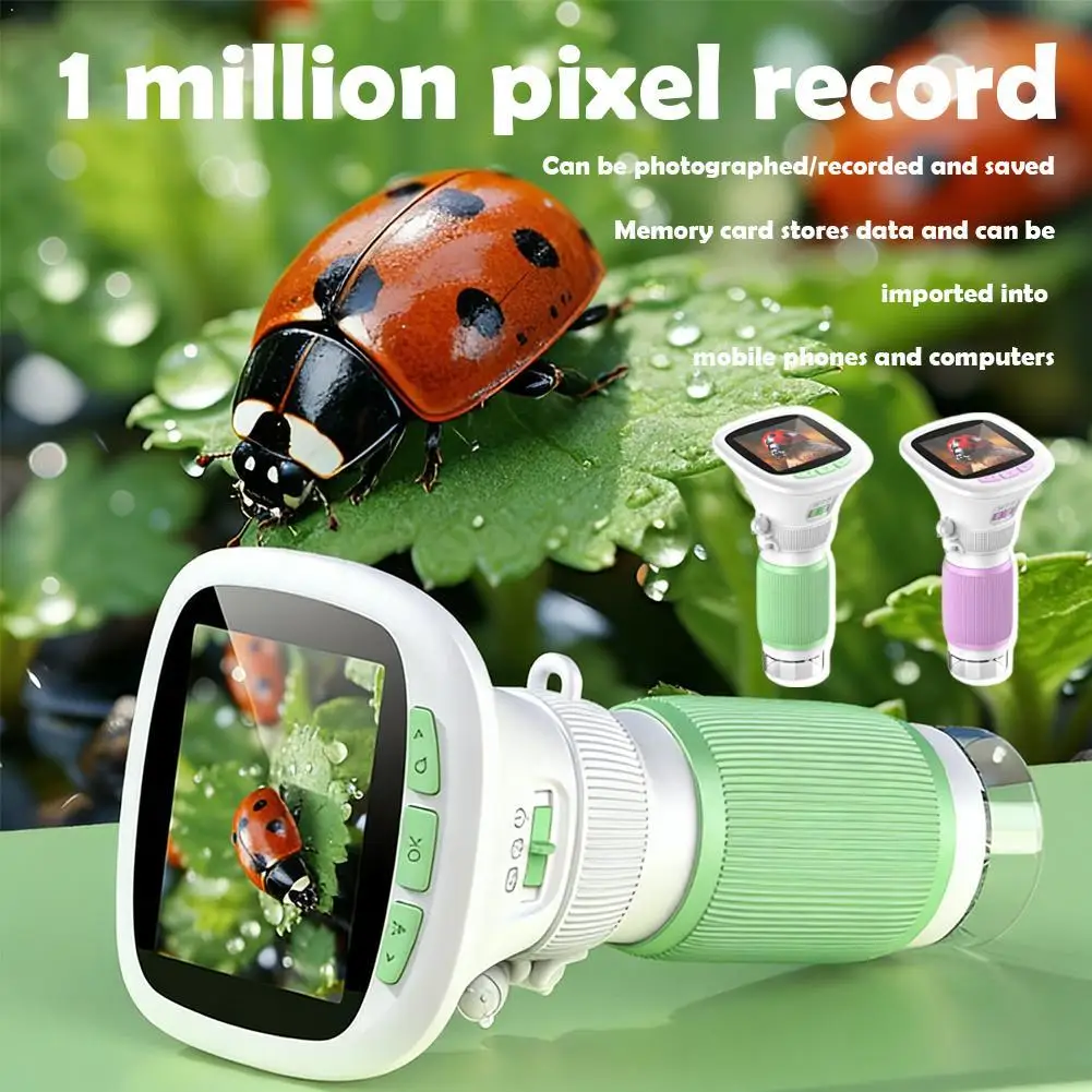 

Детский ручной микроскоп с вращающимся фокусом, 2-дюймовый экран, мини-ручной микроскоп с 1000-кратным зумом для науки на открытом воздухе