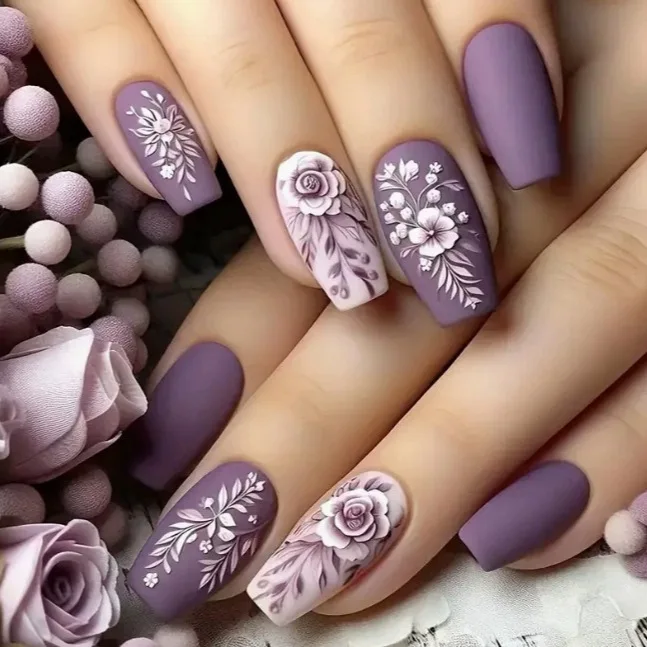 

24PCS Romantic Purple Ballet False Nail Fashionable Sweet Flower Leaves French Sqaure Fake Nail for Women Wearable Press on Nail