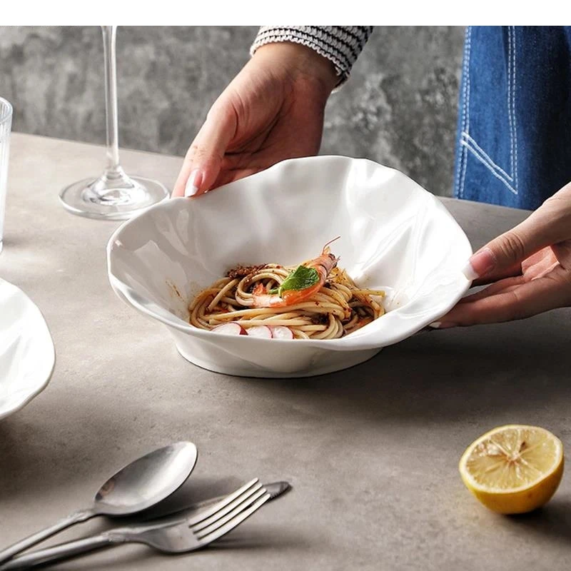 Pure White Irregular Ceramic Wrinkled Bowl Restaurant Salad Soup Pasta Bowls Molecular Food Specialty Tableware