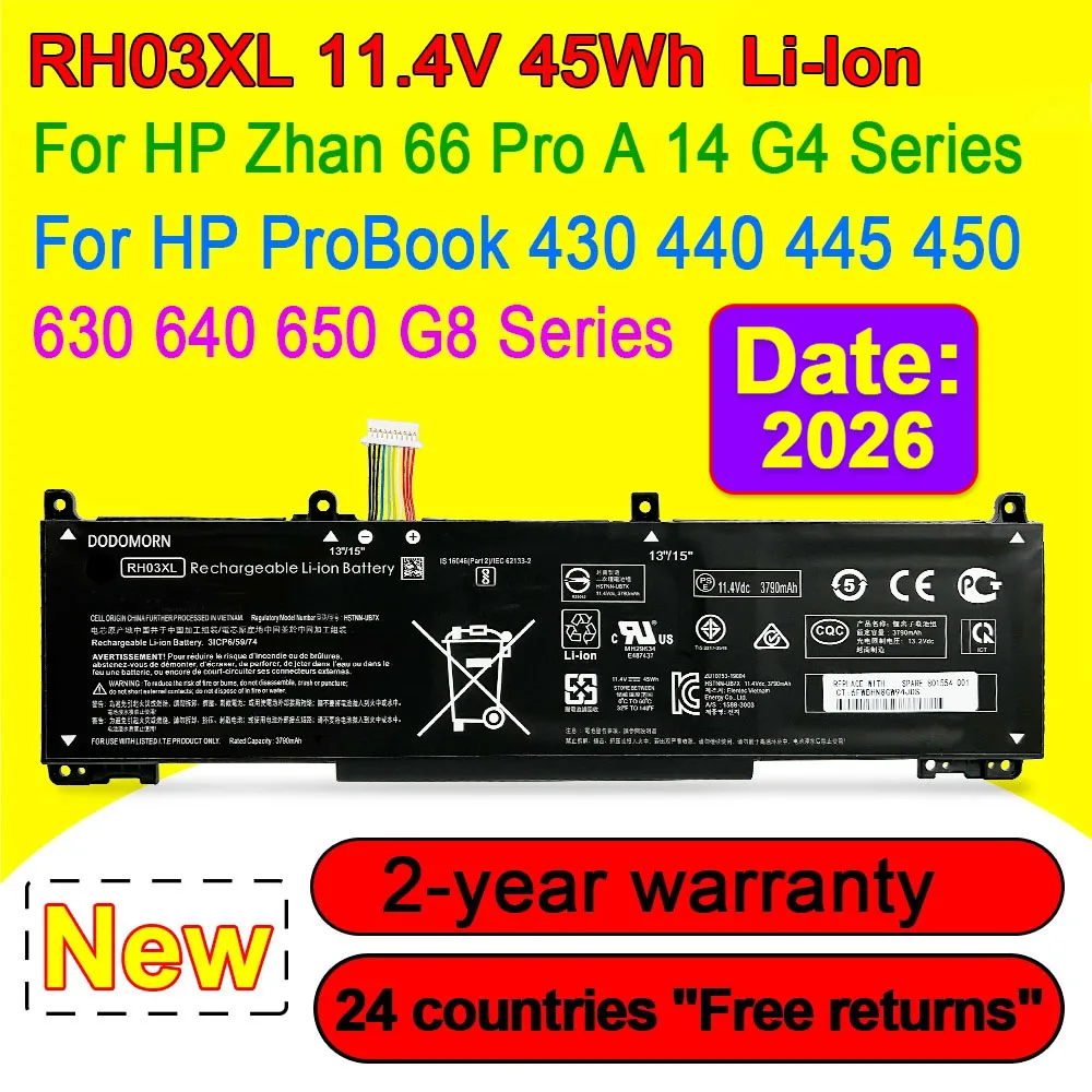 RH03XL For HP ProBook 430 440 445 450 630 640 650 G8 for Zhan 66 Pro A 14 G4 Series Laptop Battery HSTNN-IB9P 11.4V 45Wh 3790mAh