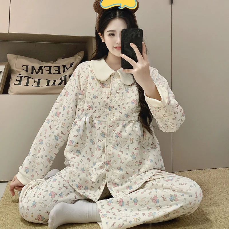 

Новая модель, женские пижамы, осень-зима, сохраняющие тепло, удобный костюм для сна, хлопковый пижамный комплект, домашняя одежда на флисовой подкладке, утепленная