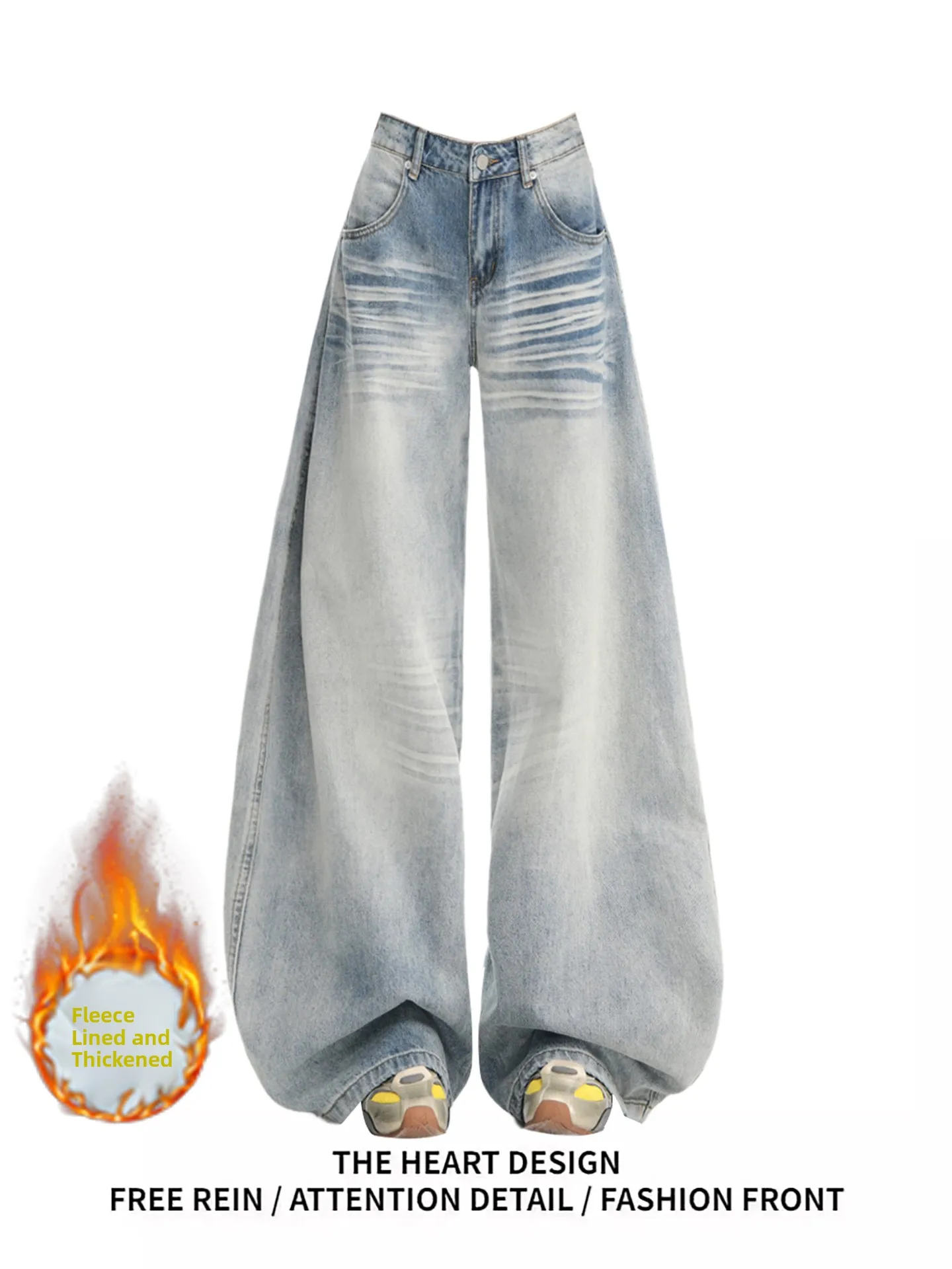 

American Style Low Waist Wide Leg Jeans Fleece Lined Thickened Loose Slimming Design Versatile Floor Length Knife Pants ...