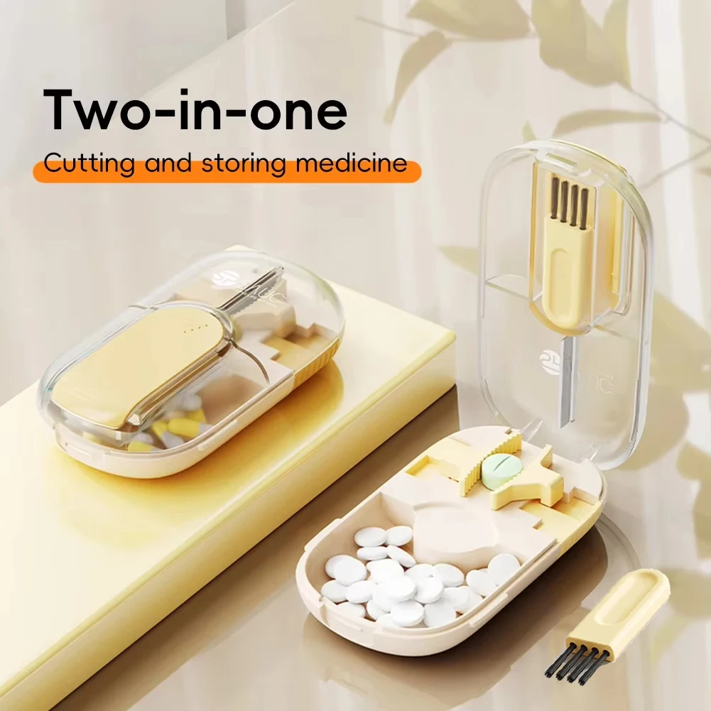 1/2 Pill Cutter Storage Box With Brush Travel Portable Drug Tablet Medicine Dustproof Divider Organizer Crusher