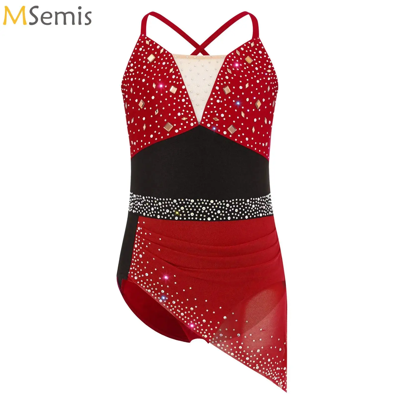 

Kid Girls Rhythmic Gymnastics Jersey Ballet Lyrical Latin Dance Performance Costume Rhinestone Ruched Waltz Tango Ballet Leotard