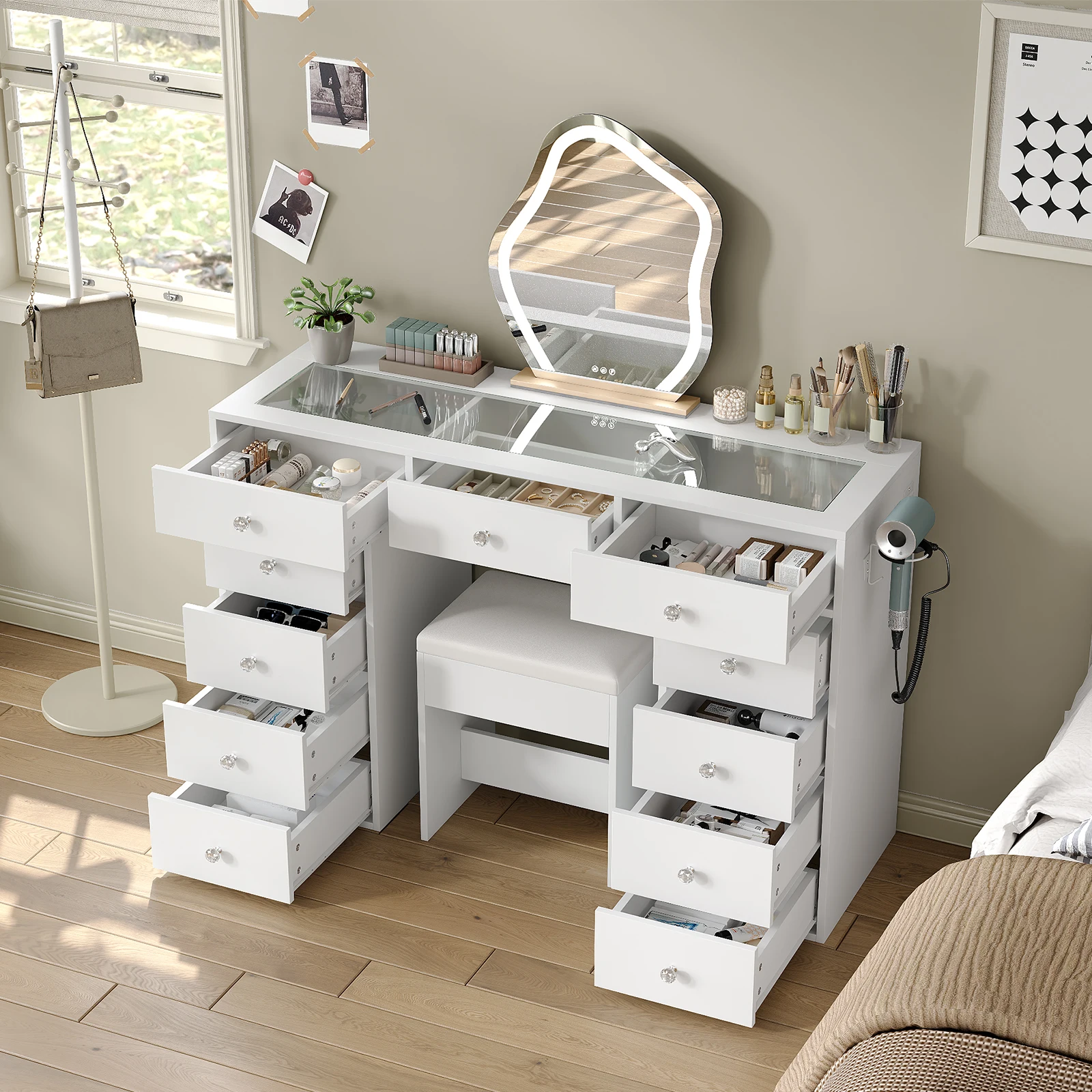 White 11-Drawer Makeup Vanity Desk with Tempered Glass Top, Built-in Charging Station (2 AC Outlets, 2 USB Ports & Hair Dryer Holder), Multi-Purpose Vanity Table for Home Office Study, Padded Stool Included, Easy Assembly for Bedroom Apartments