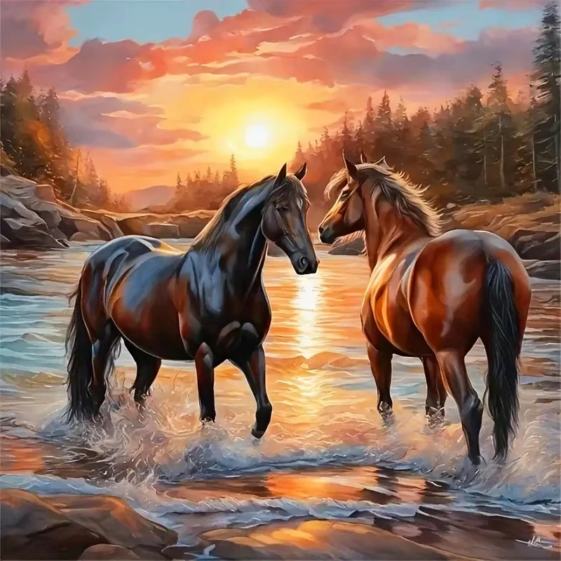 Pintura completa de diamantes de animales, caballos, recién llegados, mosaico de diamantes, bordado de puesta de sol, Kit de manualidades de decoración de pared de playa