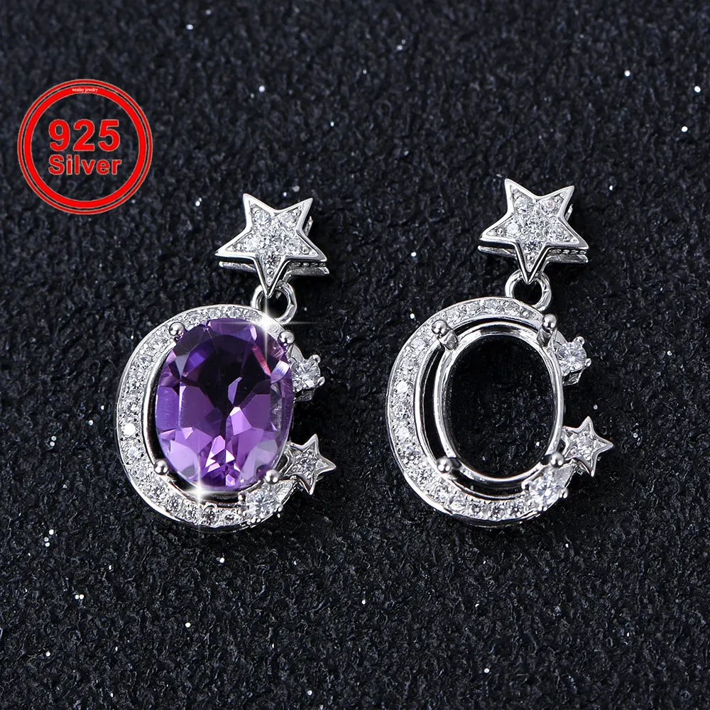 7x9mm Moon & Star S925 Silver Pendant Tray - DIY Bezel Cup for Gemstones, 3D Celestial Jewelry Findings with Prong Setting