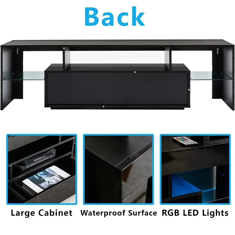 LED Light TV Stand for 55/60/65 inch TV, Modern Gloss Entertainment Center with Drawer and Glass Open Shelf, TV Console Table image 4