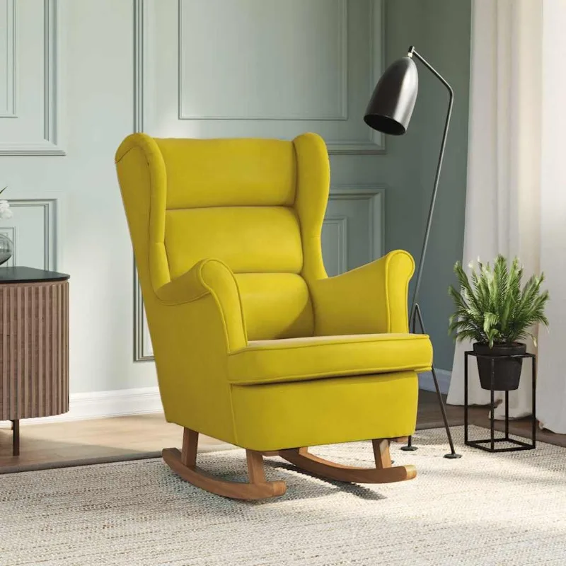 Fauteuil à bascule avec oreilles en velours jaune, en bois massif, convient aux salons et patios de style moderne