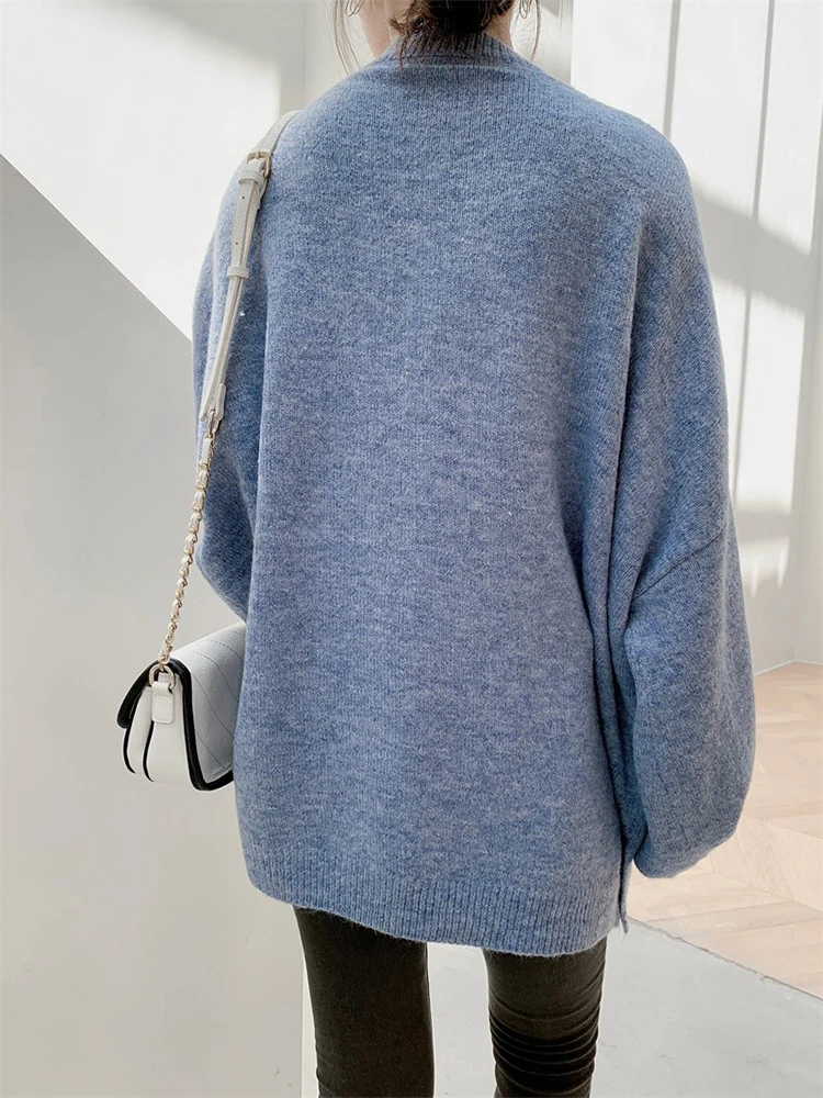 [EAM] Blue Big Size Casual Knitting Sweater Round Neck Long Sleeve Women Pullovers New Fashion Tide Spring Autumn 2024 1DH6451