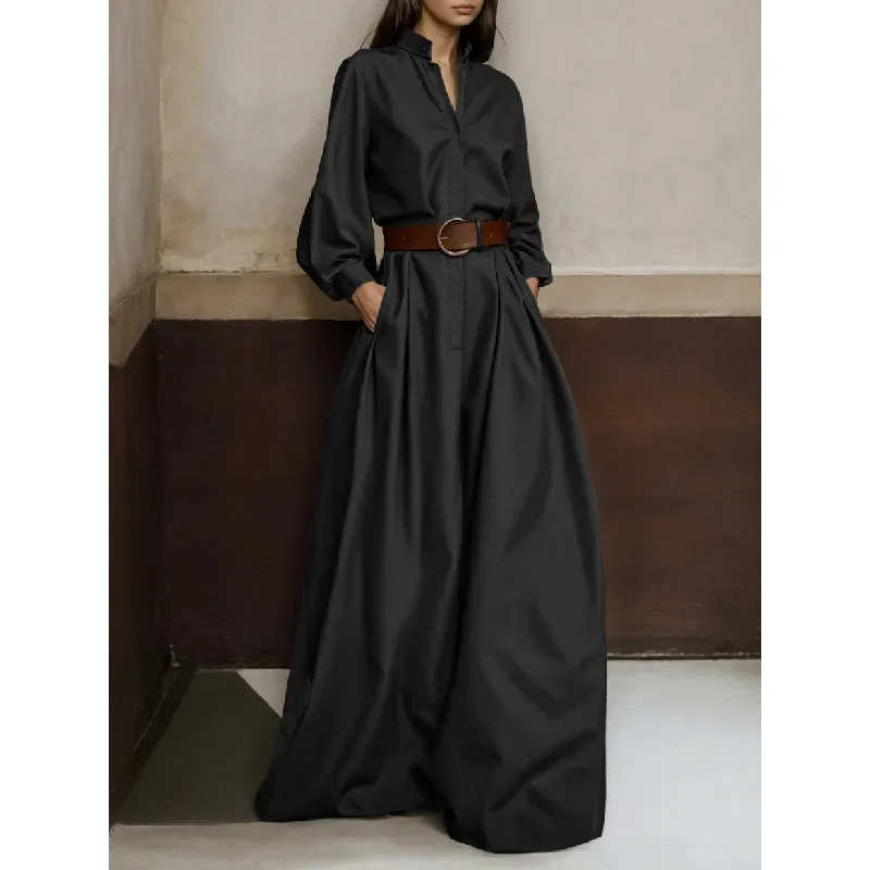 

2025 New Female Fashion High Waisted Wide Leg Jumpsuits Spring Long Sleeves Loose Buttoned V-Neck Office Jump Suits