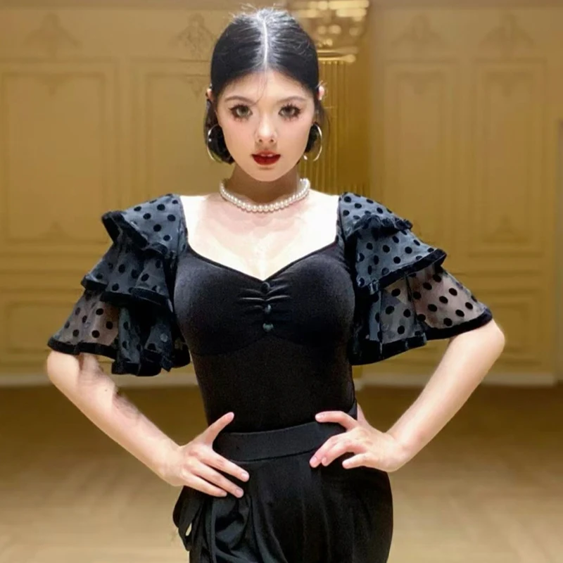 

Black Flare Sleeves Ballroom Dance Tops Women'S Velvet Latin Dance Top Adults Modern Dancing Top Stage Training Wear SL13273