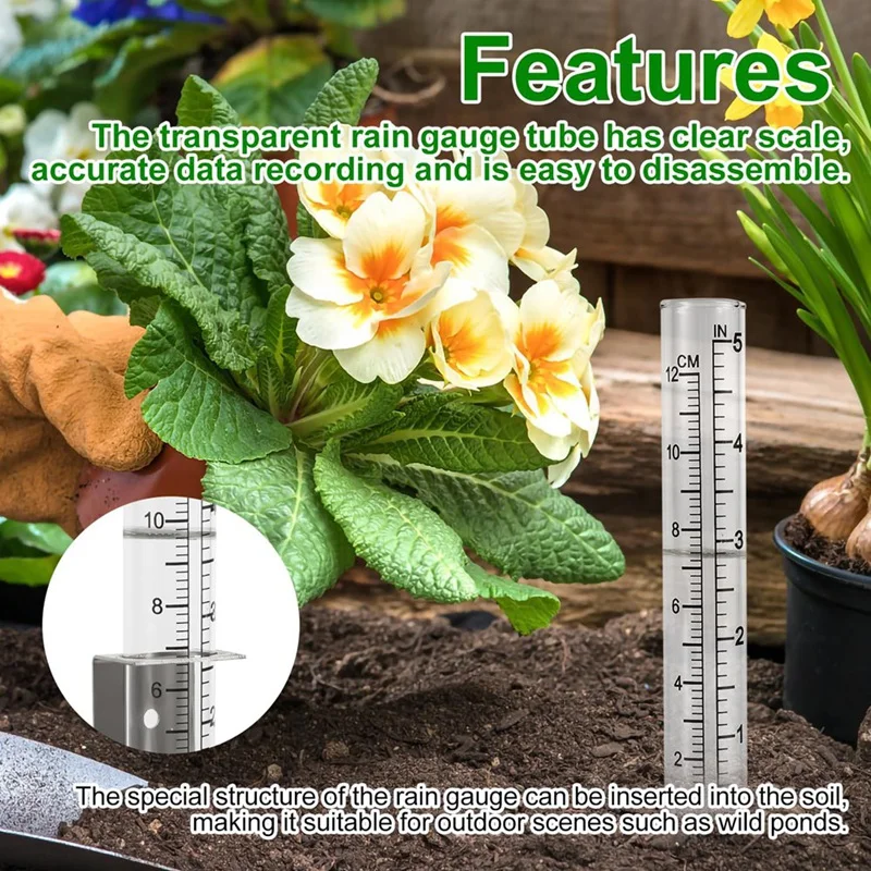 5 Inch Capacity Rain Gauge Outdoor With Tube,2 In 1 Stainless Steel Holder - Precise Rain Measurement For Garden,Lawns