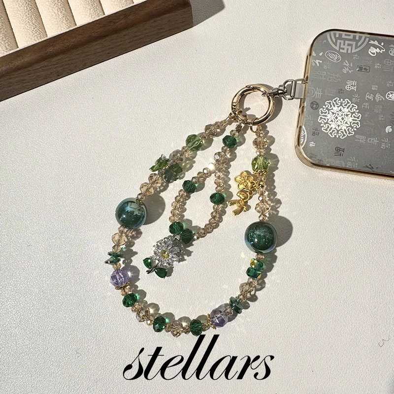 

Green Rotating Flower Bead Crystal Phone Strap Green Glass Bead Rotating Flower Phone Lanyard Wrist Strap Charm