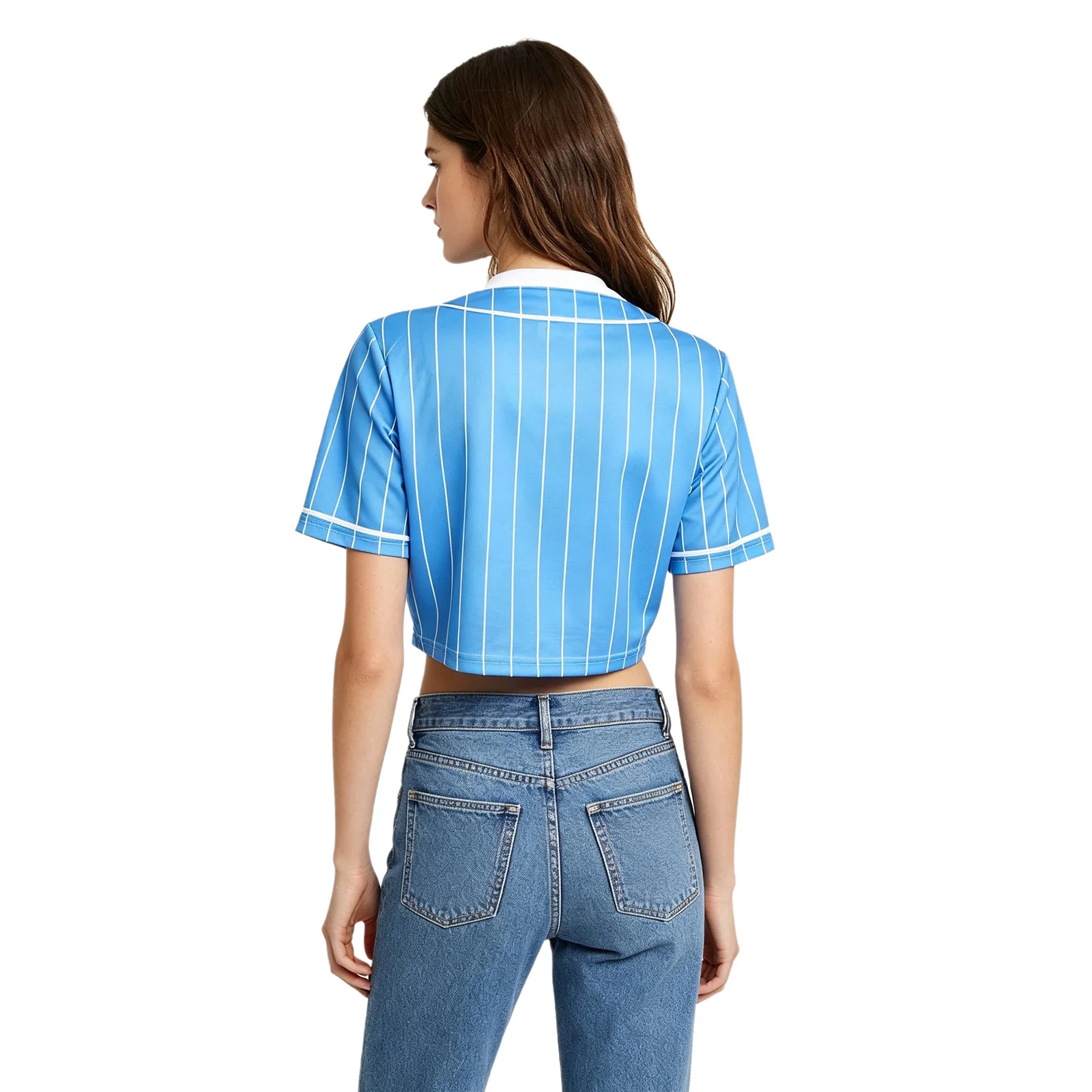 Fashion Women Cropped Baseball Top V Neck Short Sleeve Letters Print Striped Button Front for Casual Cheerleading Ball Games