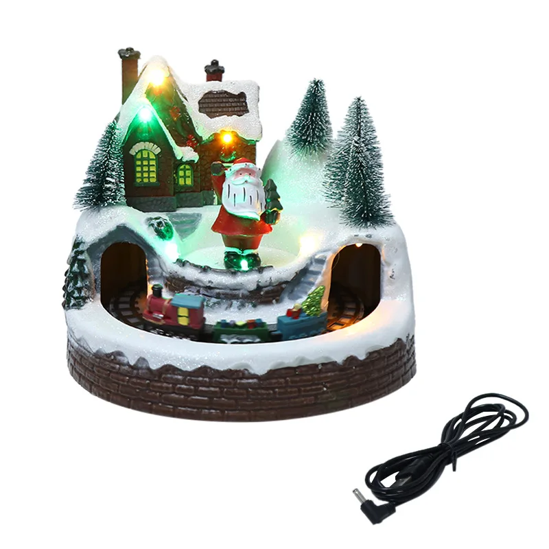 Christmas Snow Village House Sculpture with Music Landscape Christmas Scene Village Decoration House Statue with Colorful Light